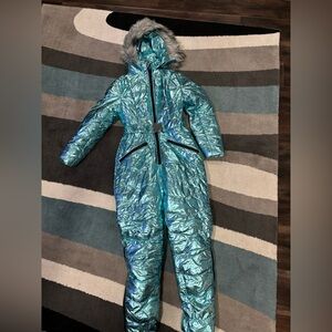 Metallic Blue Snowsuit with Fur Hood New